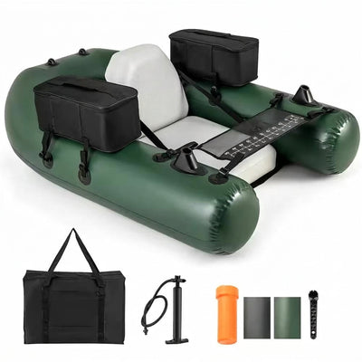 Camouflage Inflatable Fishing Float Tube with Fish Ruler Angling Base 2 Storage Pockets Pump