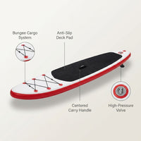 130 In. L X 28.3 In. W X 3.9 In. H White/Red Inflatable Surfboard Paddleboard Surfing Board with ISUP Accessories — Feature Infographic