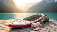 130 In. L X 28.3 In. W X 3.9 In. H White/Red Inflatable Surfboard Paddleboard Surfing Board with ISUP Accessories — Lifestyle